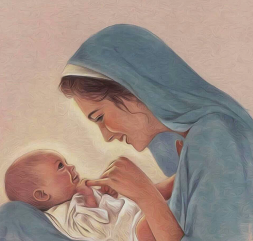 Image of Mary and baby Jesus looking into each other's eyes
